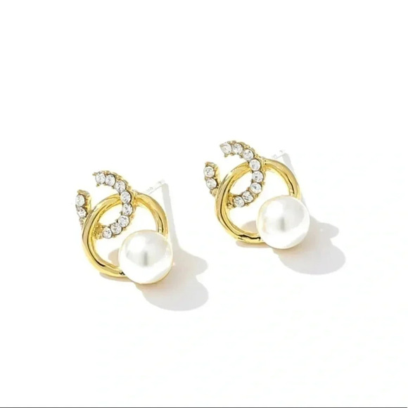 Diamond Studed Pearl C Earrings - Picture 3 of 5